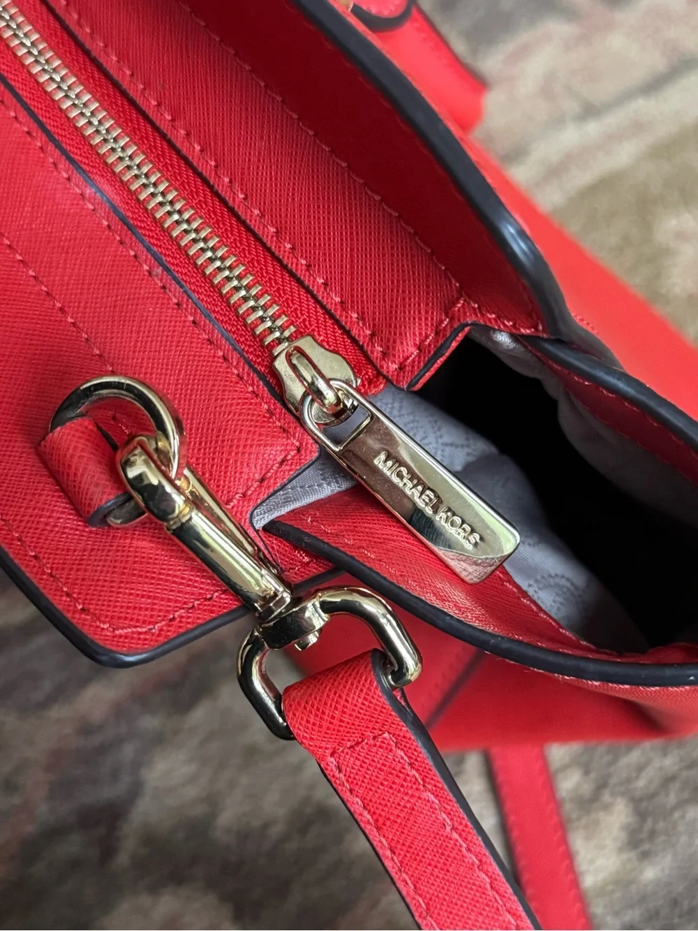 Michael Kors Red Saffiano Leather Satchel Bag with Strap